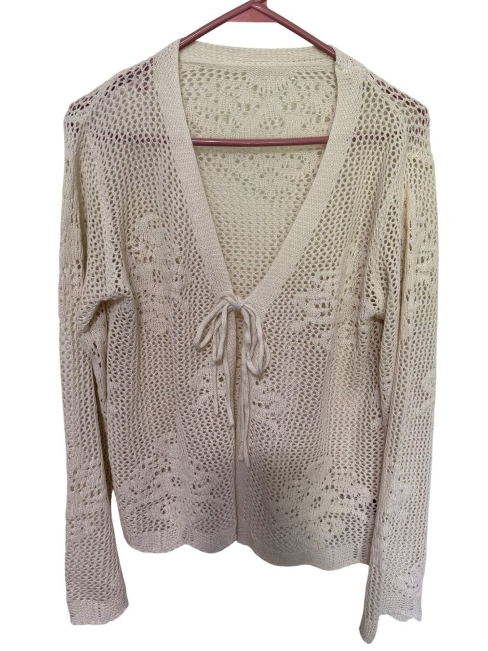 Cardigan Beige Crochet with Tie Front Bell Sleeves Womans XL